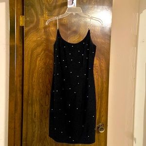 Short cocktail dress, black with rhinestone straps and rhinestone on the dress